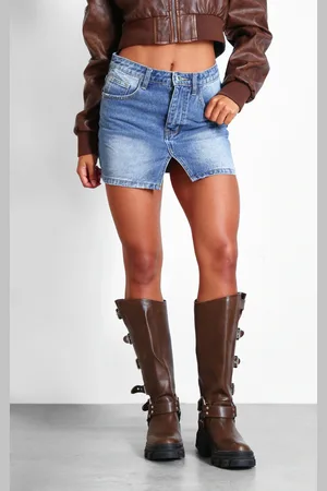 PRETTYLITTLETHING Split Front Denim Mini Skirt