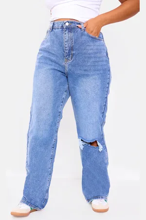 PRETTYLITTLETHING Plus Open Knee Long Leg Straight Leg Jeans
