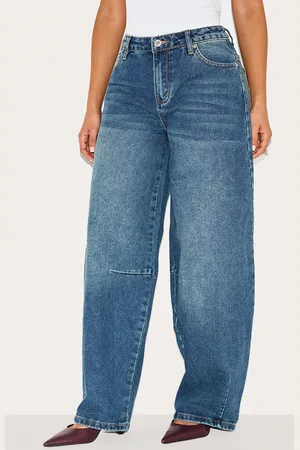 PRETTYLITTLETHING Petite Denim Seam Detail Barrel Leg Jeans