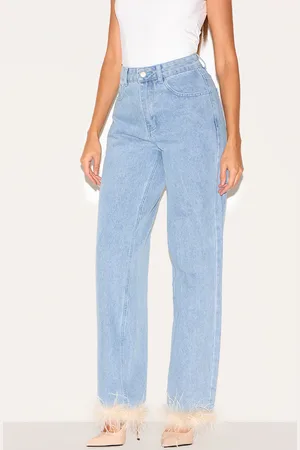 PRETTYLITTLETHING Feather Trim Straight Leg Jeans