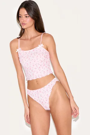 PRETTYLITTLETHING Ribbed Floral Cami and Thong Lingerie Set