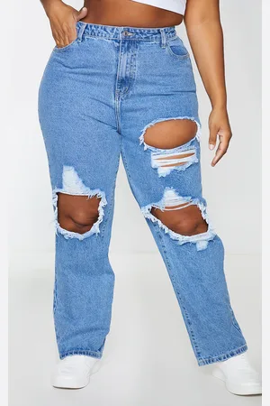 PRETTYLITTLETHING Plus Mid Blue Ripped Straight Leg Jeans