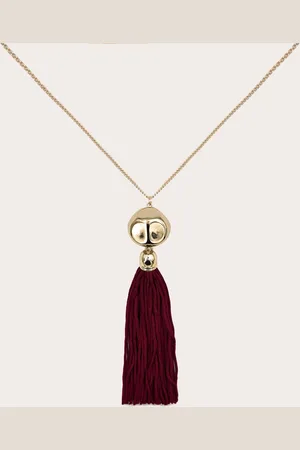 PRETTYLITTLETHING Gold Long Burgundy Tassel Necklace