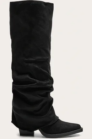 PRETTYLITTLETHING Faux Suede Point Toe Fold Over Block Heel Knee High Boots