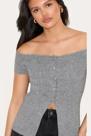PRETTYLITTLETHING Rib Knit Button Up Bardot Split Hem Top