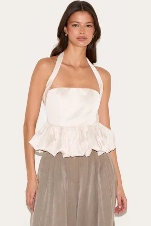 PRETTYLITTLETHING Cream Halterneck Puff Ball Top