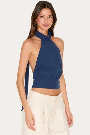 PRETTYLITTLETHING Navy Backless Halterneck Top