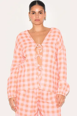 PRETTYLITTLETHING Plus Checked Cheesecloth Tie Front Long Sleeve Shirt
