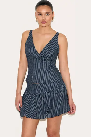 PRETTYLITTLETHING Navy Pinstripe Denim Puffball Mini Skirt