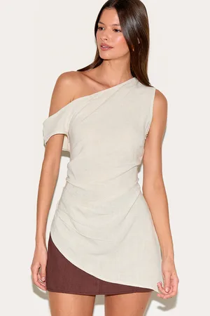 PRETTYLITTLETHING Taupe Linen Look One Shoulder Asymmetric Top