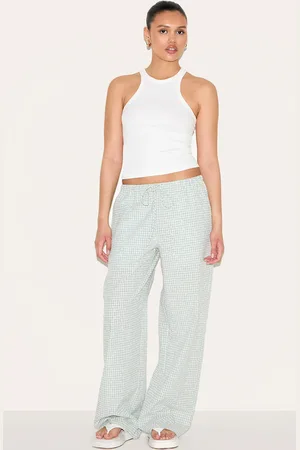 PRETTYLITTLETHING Sage Gingham Broderie Embroidered Straight Leg Trousers