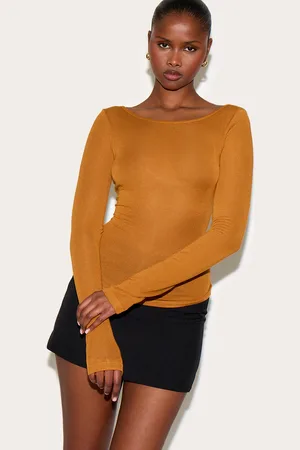 PRETTYLITTLETHING Tan Sheer Soft Touch Crew Neck Long Sleeve Top