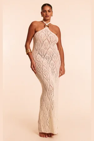 PRETTYLITTLETHING Plus Cream Crochet Maxi Halter Neck Beach Dress