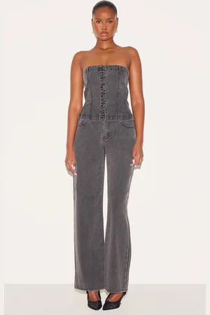 PRETTYLITTLETHING Fabric Covered Button Mid Waist Straight Leg Jeans