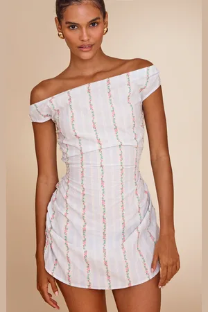 PRETTYLITTLETHING Stripe Ditsy Print Bardot A-Line Dress