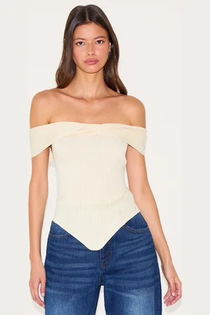 PRETTYLITTLETHING Cream Rib Knit Twist Bardot Button Through Top