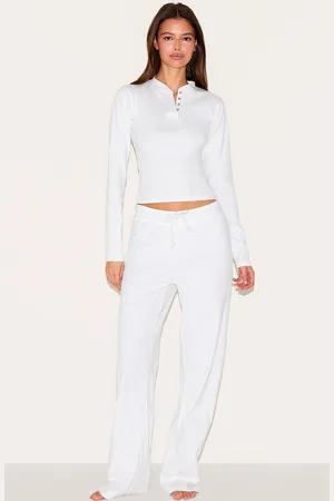 PRETTYLITTLETHING Cream Ribbed Long Sleeve Long Pj Set