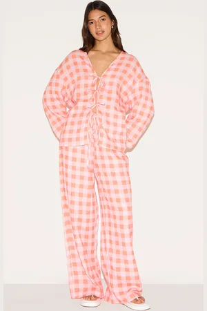 PRETTYLITTLETHING Checked Cheesecloth Tie Waist Wide Leg Trouser