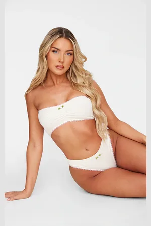 PRETTYLITTLETHING Cream Ribbed Bandeau Bra And Thong Lingerie Set