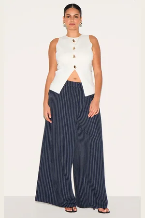 PRETTYLITTLETHING Plus Navy Maxi Pinstripe Tailored Woven Straight Leg Trousers