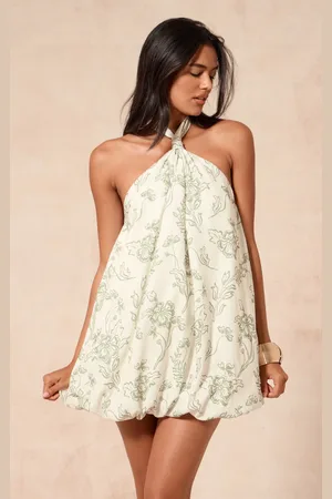 PRETTYLITTLETHING Printed Halterneck Puffball Mini Dress