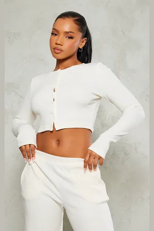 PRETTYLITTLETHING Cream Brushed Rib Button Front Cardigan