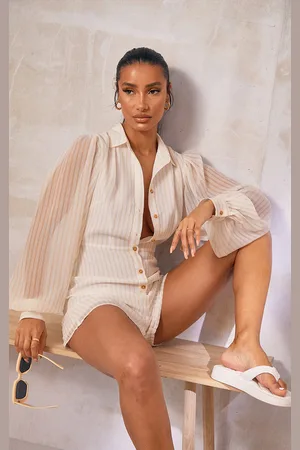 PRETTYLITTLETHING Stone Stripe Balloon Sleeve Shirt Playsuit