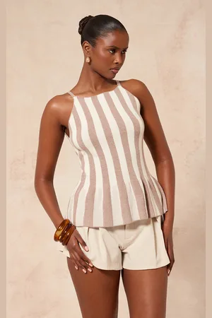 PRETTYLITTLETHING Taupe Stripe Peplum Cami Top