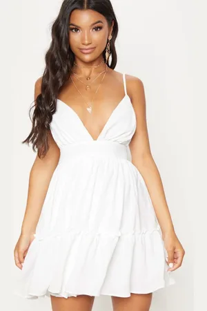 PRETTYLITTLETHING Ruched Frill Detail Strappy Skater Dress