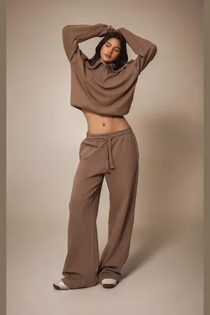 PRETTYLITTLETHING Mocha Premium Loopback Wide Leg Joggers