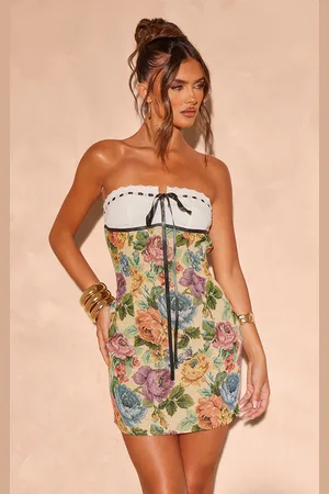 PRETTYLITTLETHING Stone Floral Twill Contrast Bandeau Bodycon Dress