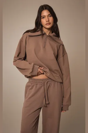 PRETTYLITTLETHING Mocha Premium Loopback Quarter Zip Foldover Sweatshirt