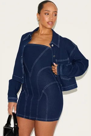 PRETTYLITTLETHING Shape Stretch Denim Seam Detail Bandeau Mini Dress