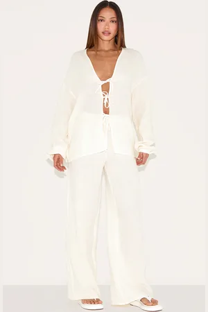 PRETTYLITTLETHING Tall Cream Textured Cheesecloth Wide Leg Trousers