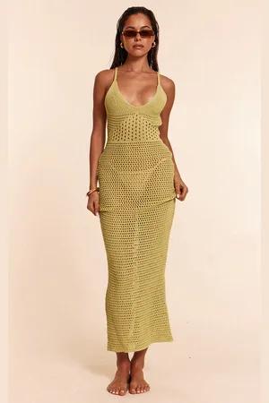 PRETTYLITTLETHING Lime Crochet Strappy Maxi Beach Dress