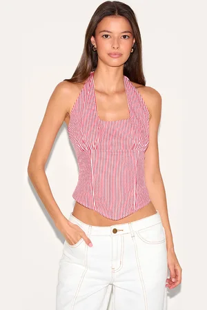 PRETTYLITTLETHING Striped Halterneck Dip Hem Top