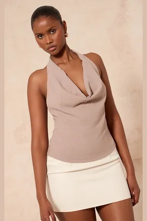 PRETTYLITTLETHING Mocha Lightweight Woven Cowl Long Top
