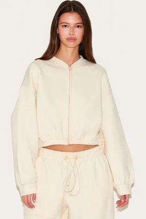 PRETTYLITTLETHING Cream Drawcord Waist Cropped Zip Up Sweatshirt