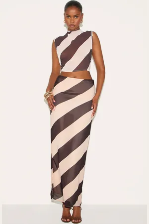 PRETTYLITTLETHING Cream Sheer Stripe Chiffon Maxi Skirt