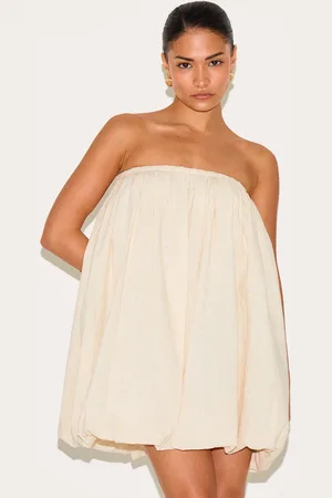 PRETTYLITTLETHING Petite Stone Linen Look Bandeau Puffball Mini Dress