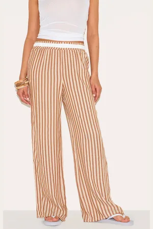 PRETTYLITTLETHING Petite Taupe Striped Wide Leg Linen Trousers