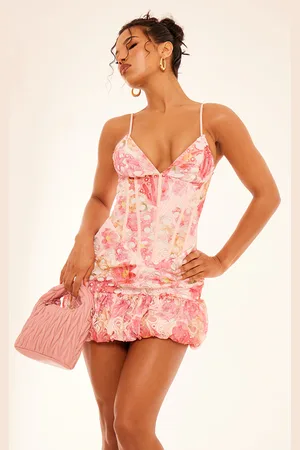 PRETTYLITTLETHING Floral Cup Detail Extreme Puff Ball Hem Mini Dress