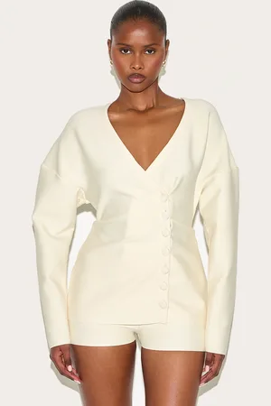 PRETTYLITTLETHING Cream Bandage Button Up Cardigan Playsuit