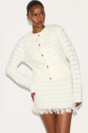 PRETTYLITTLETHING Cream Boucle Knit Button Through Cardigan