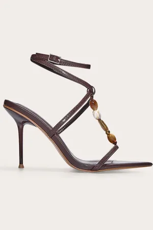 PRETTYLITTLETHING Pu Square Toe Beaded Lace Up High Stiletto Heeled Sandals