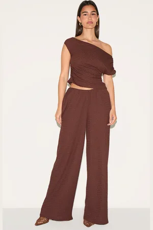 PRETTYLITTLETHING Textured Mid Rise Wide Leg Trousers