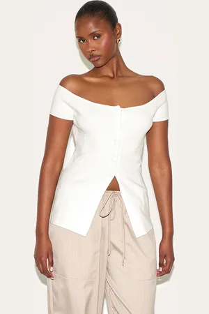 PRETTYLITTLETHING Rib Knit Button Up Bardot Split Hem Top