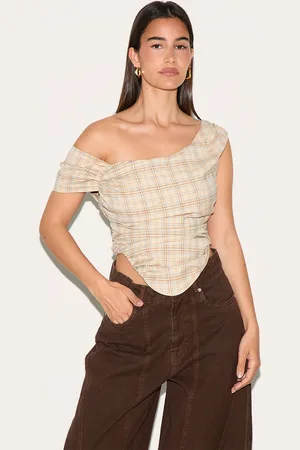 PRETTYLITTLETHING Beige Asymmetric Check Print Bardot Top