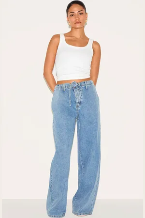 PRETTYLITTLETHING Petite Denim Relaxed Drawstring Wide Leg Jeans