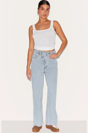 PRETTYLITTLETHING Petite Denim Asymmetric Waistband Straight Leg Jeans